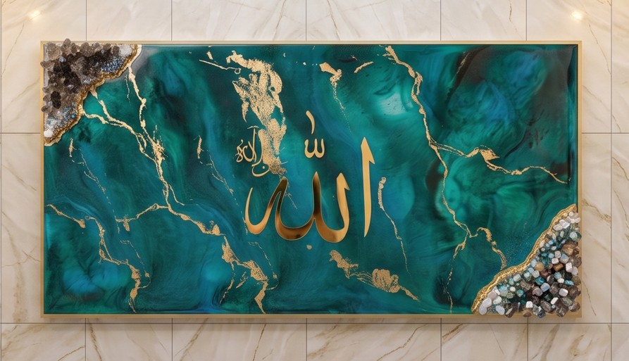Emerald Majesty resin wall artwork with emerald and teal swirls, gold detailing, crystal-like accents and Arabic calligraphy of Allah.
